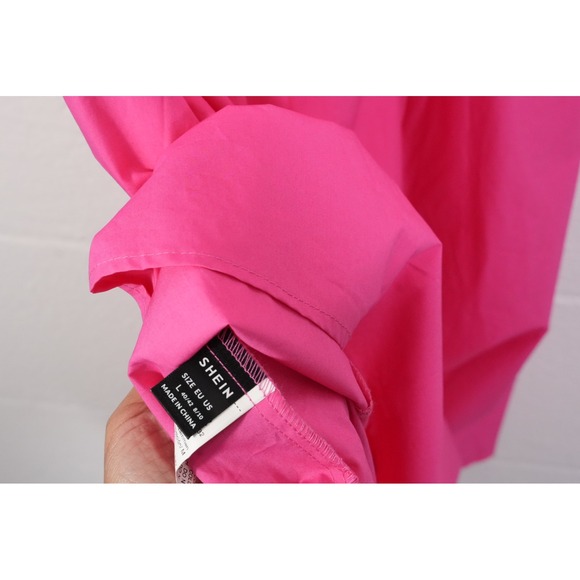 SHEIN Midi Dress Women Large Pink Scallop Collar Floral Embroidery Puff Sleeve - Picture 5 of 5